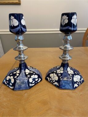 Vintage Regalos blue and white Talavera and pewter candle holders
